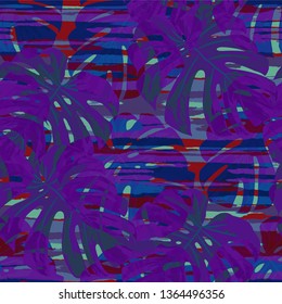 Multicolor Grunge Pattern with Brush Strokes, Palm Leaves and Big Flowers. Girlie Seamless Texture for, Paper, Chintz, Print. Tropical Grunge Pattern in Trendy Colors.
