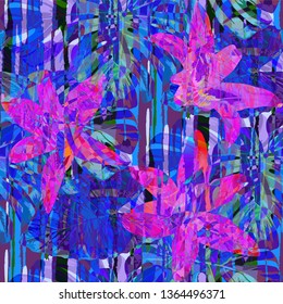 Multicolor Grunge Pattern with Brush Strokes, Palm Leaves and Big Flowers. Modern Seamless Texture for, Swimwear, Curtains, Dress. Tropical Grunge Pattern in Trendy Colors.