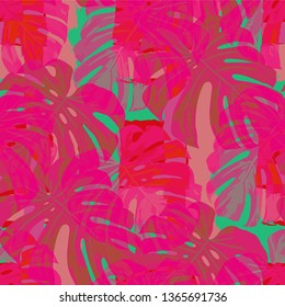 Multicolor Grunge Pattern with Brush Strokes, Palm Leaves and Big Flowers. Feminine Seamless Texture for, Swimwear, Shirt, Dress. Tropical Grunge Pattern in Trendy Colors.