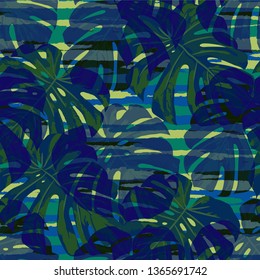 Multicolor Grunge Pattern with Brush Strokes, Palm Leaves and Big Flowers. Vintage Seamless Texture for, Fabric, Dress, Swimwear. Tropical Grunge Pattern in Trendy Colors.