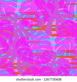 Multicolor Grunge Pattern with Brush Strokes, Palm Leaves and Big Flowers. Retro Seamless Texture for, Curtains, Cloth, Swimwear. Tropical Grunge Pattern in Trendy Colors.