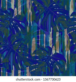 Multicolor Grunge Pattern with Brush Strokes, Palm Leaves and Big Flowers. Retro Seamless Texture for, Dress, Curtains, Tablecloth. Tropical Grunge Pattern in Trendy Colors.