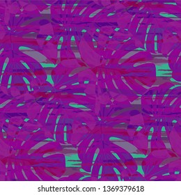 Multicolor Grunge Pattern with Brush Strokes, Palm Leaves and Big Flowers. Retro Seamless Texture for, Cloth, Chintz, Paper. Tropical Grunge Pattern in Trendy Colors.