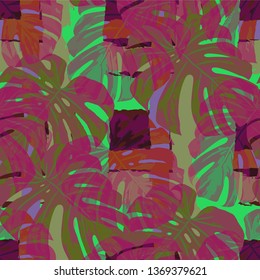 Multicolor Grunge Pattern with Brush Strokes, Palm Leaves and Big Flowers. Girlie Seamless Texture for, Shirt, Tablecloth, Cloth. Tropical Grunge Pattern in Trendy Colors.