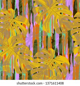 Multicolor Grunge Pattern with Brush Strokes, Palm Leaves and Big Flowers. Girlie Seamless Texture for, Fabric, Cloth, Print. Tropical Grunge Pattern in Trendy Colors.