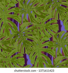 Multicolor Grunge Pattern with Brush Strokes, Palm Leaves and Big Flowers. Bright Seamless Texture for, Print, Shirt, Chintz. Tropical Grunge Pattern in Trendy Colors.
