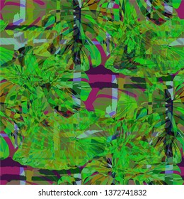 Multicolor Grunge Pattern with Brush Strokes, Palm Leaves and Big Flowers. Modern Seamless Texture for, Tablecloth, Swimwear, Curtains. Tropical Grunge Pattern in Trendy Colors.