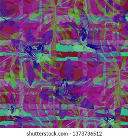 Multicolor Grunge Pattern with Brush Strokes, Palm Leaves and Big Flowers. Colorful Seamless Texture for, Dress, Print, Textile. Tropical Grunge Pattern in Trendy Colors.