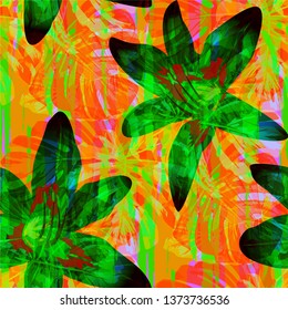 Multicolor Grunge Pattern with Brush Strokes, Palm Leaves and Big Flowers. Feminine Seamless Texture for, Paper, Wallpaper, Fabric. Tropical Grunge Pattern in Trendy Colors.