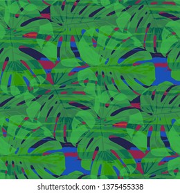 Multicolor Grunge Pattern with Brush Strokes, Palm Leaves and Big Flowers. Vintage Seamless Texture for, Textile, Print, Chintz. Tropical Grunge Pattern in Trendy Colors.