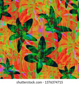 Multicolor Grunge Pattern with Brush Strokes, Palm Leaves and Big Flowers. Vintage Seamless Texture for, Tablecloth, Curtains, Paper. Tropical Grunge Pattern in Trendy Colors.