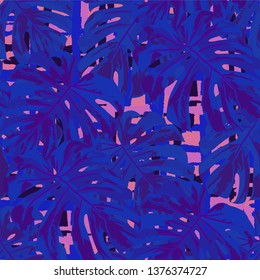 Multicolor Grunge Pattern with Brush Strokes, Palm Leaves and Big Flowers. Trendy Seamless Texture for, Wallpaper, Fabric, Print. Tropical Grunge Pattern in Trendy Colors.