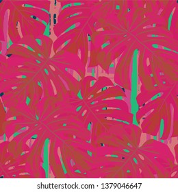 Multicolor Grunge Pattern with Brush Strokes, Palm Leaves and Big Flowers. Vintage Seamless Texture for, Swimwear, Curtains, Textile. Tropical Grunge Pattern in Trendy Colors.