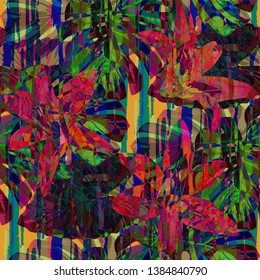 Multicolor Grunge Pattern with Brush Strokes, Palm Leaves and Big Flowers. Girlie Seamless Texture for, Print, Shirt, Tablecloth. Tropical Grunge Pattern in Trendy Colors.