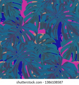 Multicolor Grunge Pattern with Brush Strokes, Palm Leaves and Big Flowers. Colorful Seamless Texture for, Cloth, Chintz, Paper. Tropical Grunge Pattern in Trendy Colors.