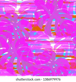 Multicolor Grunge Pattern with Brush Strokes, Palm Leaves and Big Flowers. Trendy Seamless Texture for, Chintz, Dress, Swimwear. Tropical Grunge Pattern in Trendy Colors.