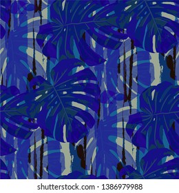 Multicolor Grunge Pattern with Brush Strokes, Palm Leaves and Big Flowers. Vintage Seamless Texture for, Cloth, Swimwear, Wallpaper. Tropical Grunge Pattern in Trendy Colors.