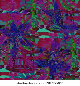 Multicolor Grunge Pattern with Brush Strokes, Palm Leaves and Big Flowers. Feminine Seamless Texture for, Fabric, Chintz, Tablecloth. Tropical Grunge Pattern in Trendy Colors.