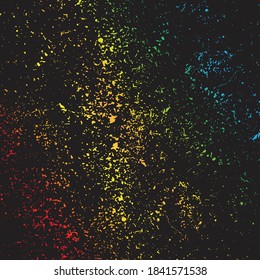 Multicolor grunge rainbow splashes on black background, vector.  Colorful dust explode. 