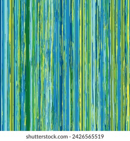 Textura grunge multicolor con líneas verticales desiguales en verde, amarillo y azul. Viejo efecto de óxido de pintura. Fondo de rayas abstractas. Patrón de repetición sin fisuras. Ilustración vectorial.