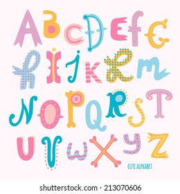 Multicolor hand drawn alphabet. Cute hand drawn letters in cartoon style