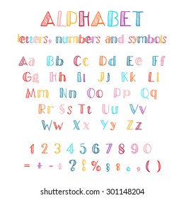 Multicolor hand drawn alphabet on black background, available all letters, numbers and  symbols