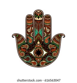 multicolor hand drawn illustration of a hamsa hand symbol. Hand of Fatima religious sign with all seeing eye. Vintage boho style. Vector illustration in doodle zen tangle style.