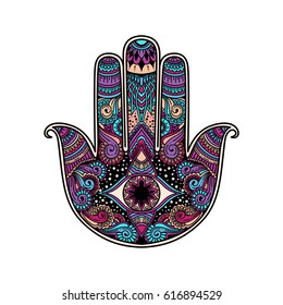 multicolor hand drawn illustration of a hamsa hand symbol. Hand of Fatima religious sign with all seeing eye. Vintage boho style. Vector illustration in doodle zen tangle style.