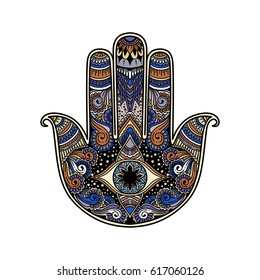 multicolor hand drawn illustration of a hamsa hand symbol. Hand of Fatima religious sign with all seeing eye. Vintage boho style. Vector illustration in doodle zen tangle style.