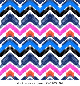 Multicolor hand drawn pattern with brushed zigzag lines. Vector seamless bold print with chevron ornament painted with brushstrokes in various bright colors nautical blue, pink, orange, white, black