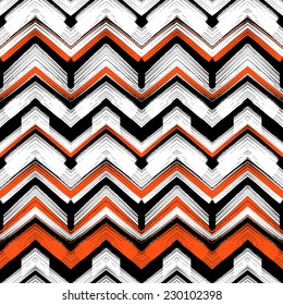 Multicolor hand drawn pattern with brushed zigzag lines. Vector seamless bold print with chevron ornament hand painted with brushstrokes in various bright colors orange, white, black