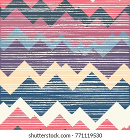 Multicolor hand drawn pattern with brushed zigzag line. Vector seamless texture for web, print, home decor, textile, wrapping paper, wallpaper, invitation card background, spring summer fashion fabric