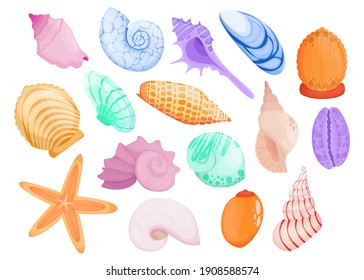 Multicolor hand drawn seashell flat item set for web design. Cartoon colorful sea and ocean shells isolated vector illustration collection. Decorative elements and underwater concept