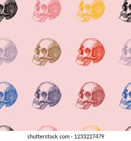 Multicolor hand drawn sketch in pencil skull seamless pattern pink background