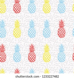 Multicolor hand drawn sketch vector pineapple in pencil seamless pattern abstract background