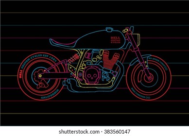 Multicolor Hand Drawn Vintage Custom Motorcycle vector illustration on dark background / Multicolor Hand Drawn Vintage Custom Motorcycle Background