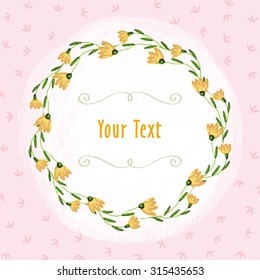 multicolor hand painted water color set - yellow flowers border and green vignette on the light pink leaf background
