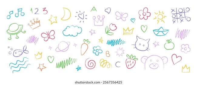 Multicolor hand-drawn kid doodle art. Naive playful childish sketches, flower, stars, heart symbol in crayon style. Set of scribbles with wax chalk texture on white background.