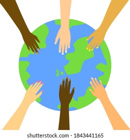 Multicolor hands, arms and the Earth isolated on white background. Teamwork, cooperation, diversity concept. illustration ,vector.
