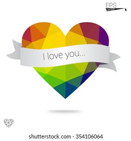 Multicolor heart isolated on white background. Geometric rumpled triangular low poly origami style gradient graphic illustration. Vector polygonal design for your business.