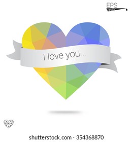 Multicolor heart isolated on white background. Geometric rumpled triangular low poly origami style gradient graphic illustration. Vector polygonal design for your business.