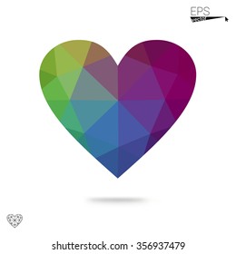 Multicolor heart isolated on white background. Geometric rumpled triangular low poly origami style gradient graphic illustration. Vector polygonal design for your business.
