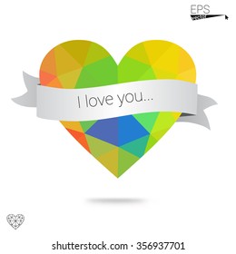 Multicolor heart isolated on white background. Geometric rumpled triangular low poly origami style gradient graphic illustration. Vector polygonal design for your business.