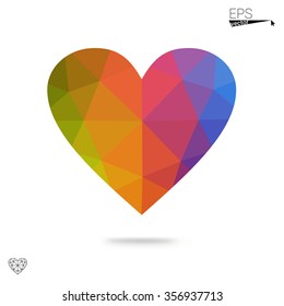 Multicolor heart isolated on white background. Geometric rumpled triangular low poly origami style gradient graphic illustration. Vector polygonal design for your business.