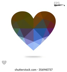 Multicolor heart isolated on white background. Geometric rumpled triangular low poly origami style gradient graphic illustration. Vector polygonal design for your business.