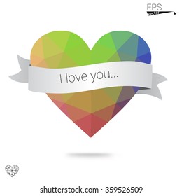 Multicolor heart isolated on white background. Geometric rumpled triangular low poly origami style gradient graphic illustration. Vector polygonal design for your business.