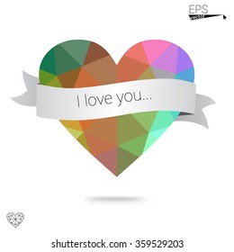 Multicolor heart isolated on white background. Geometric rumpled triangular low poly origami style gradient graphic illustration. Vector polygonal design for your business.
