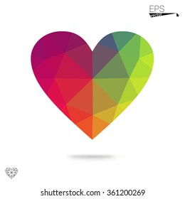 Multicolor heart isolated on white background. Geometric rumpled triangular low poly origami style gradient graphic illustration. Vector polygonal design for your business.