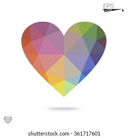 Multicolor heart isolated on white background. Geometric rumpled triangular low poly origami style gradient graphic illustration. Vector polygonal design for your business.