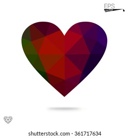 Multicolor heart isolated on white background. Geometric rumpled triangular low poly origami style gradient graphic illustration. Vector polygonal design for your business.